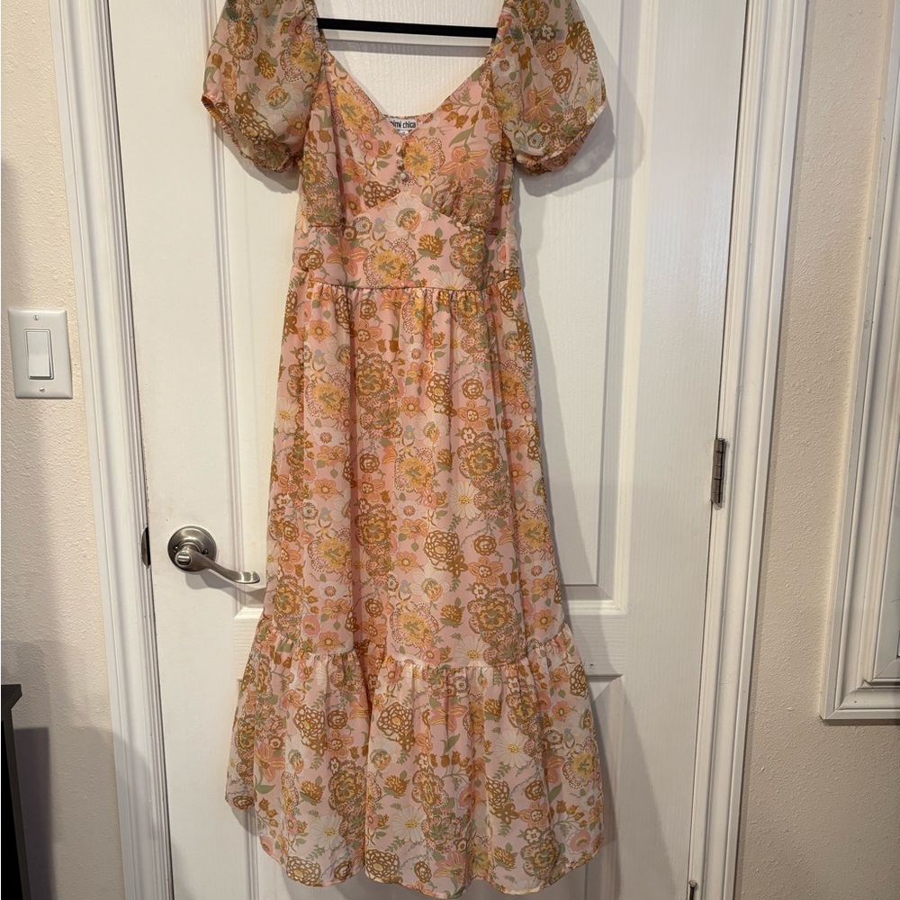 Mimi Chica Orange and Cream Floral Midi Dress